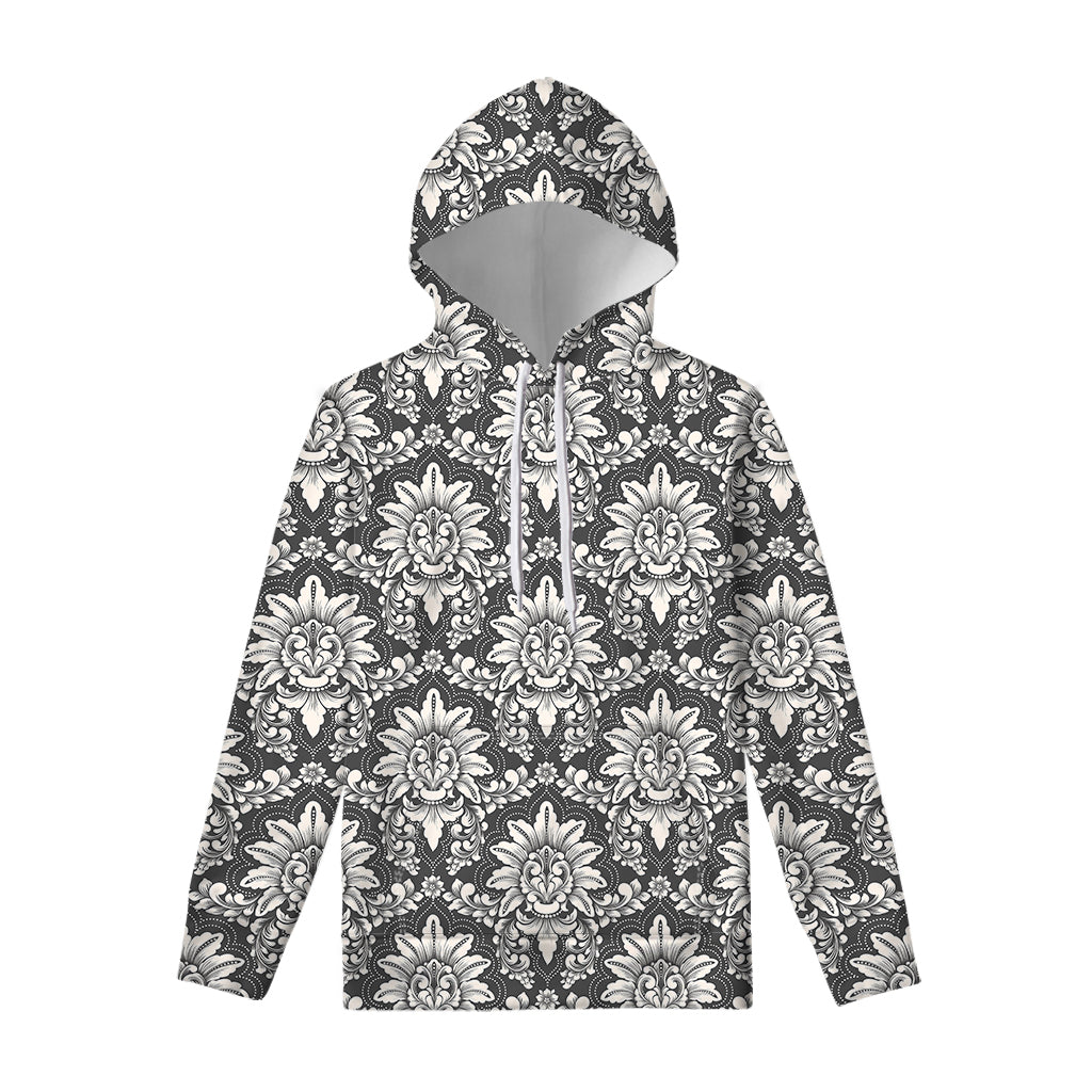 Grey Damask Pattern Print Pullover Hoodie