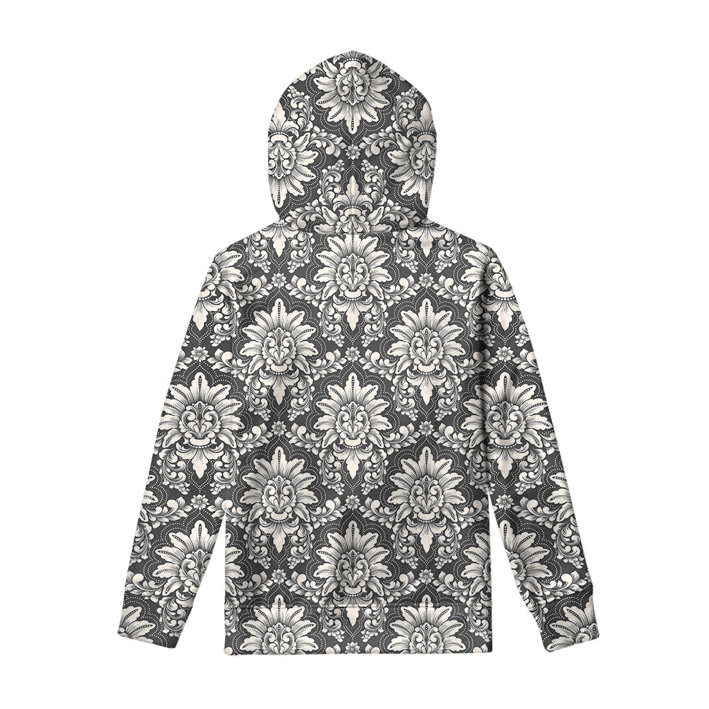 Grey Damask Pattern Print Pullover Hoodie