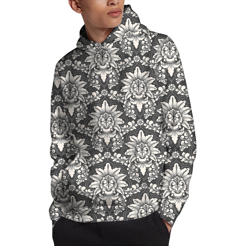 Grey Damask Pattern Print Pullover Hoodie