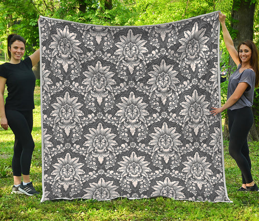 Grey Damask Pattern Print Quilt