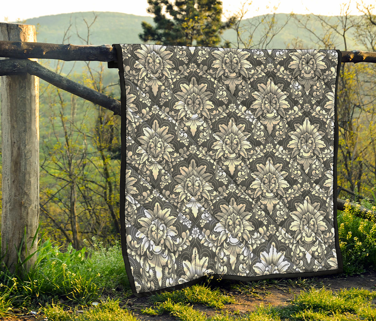 Grey Damask Pattern Print Quilt