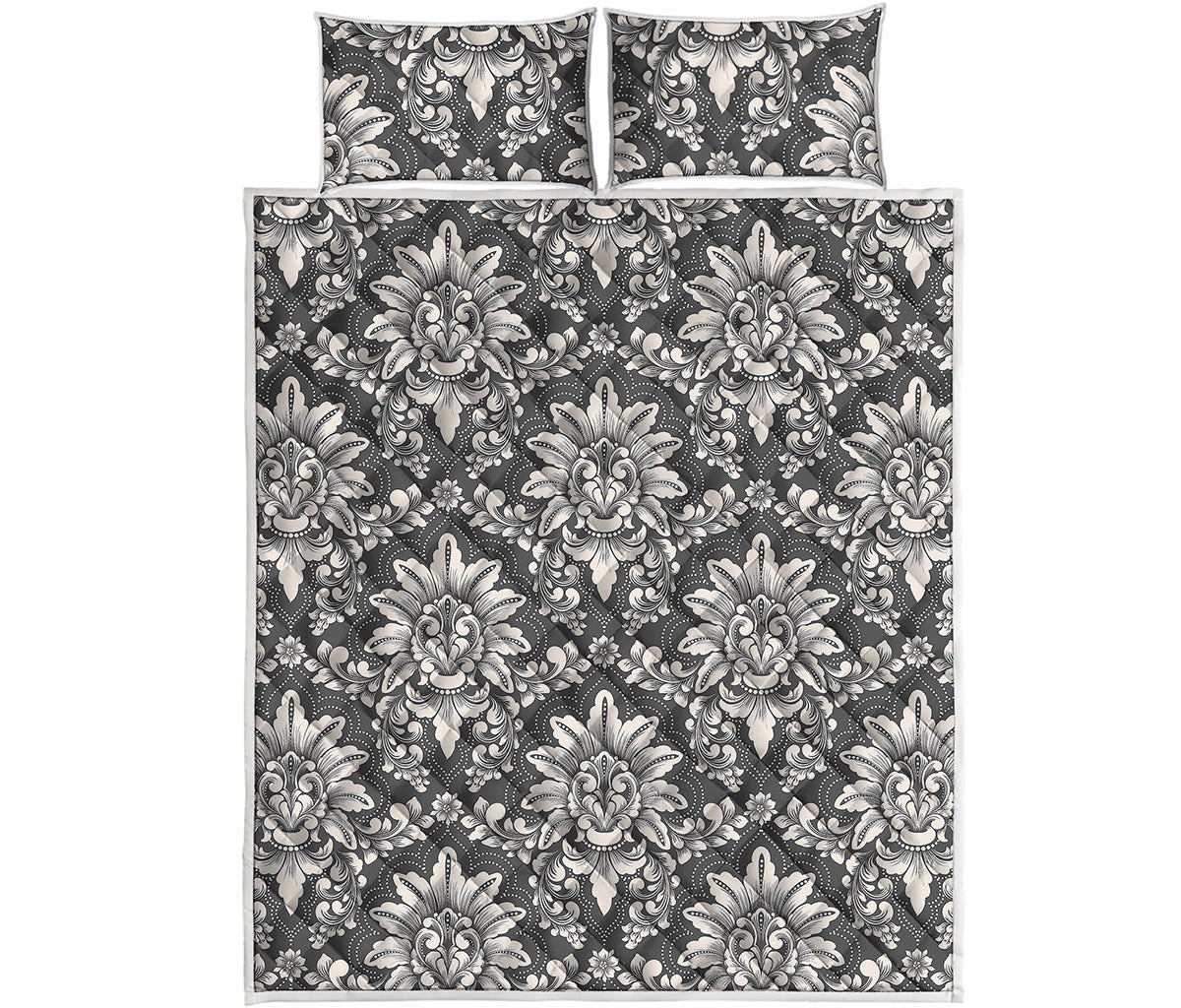 Grey Damask Pattern Print Quilt Bed Set