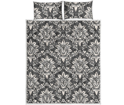 Grey Damask Pattern Print Quilt Bed Set