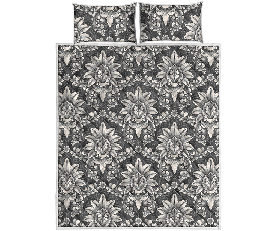 Grey Damask Pattern Print Quilt Bed Set