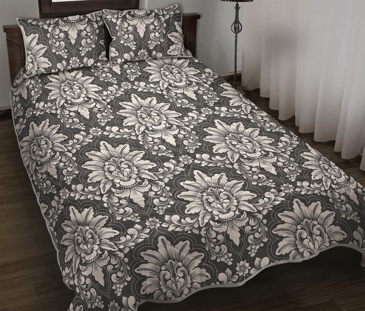Grey Damask Pattern Print Quilt Bed Set