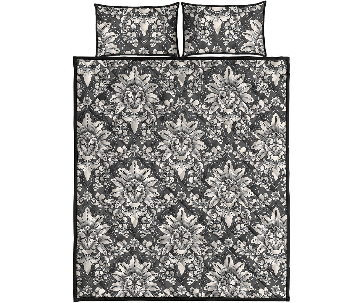 Grey Damask Pattern Print Quilt Bed Set