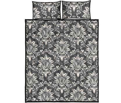 Grey Damask Pattern Print Quilt Bed Set