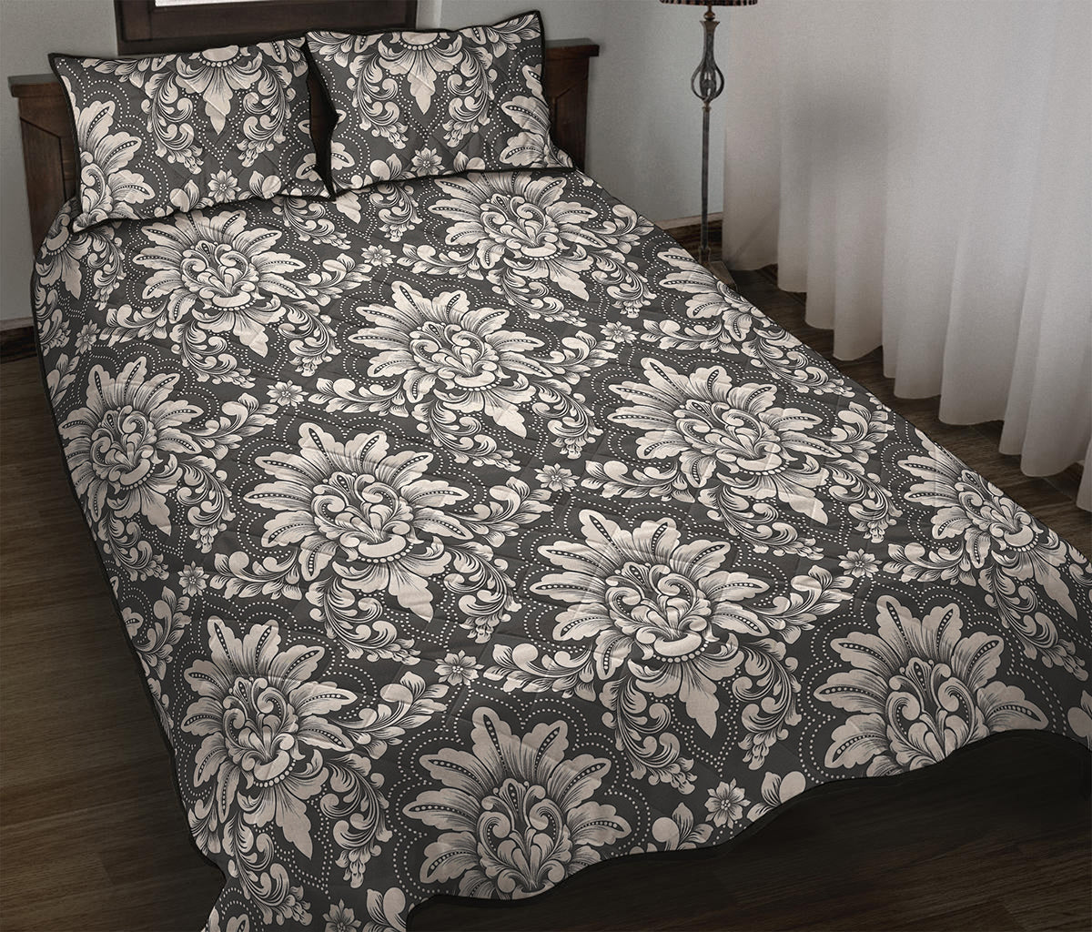 Grey Damask Pattern Print Quilt Bed Set