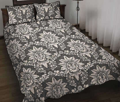 Grey Damask Pattern Print Quilt Bed Set