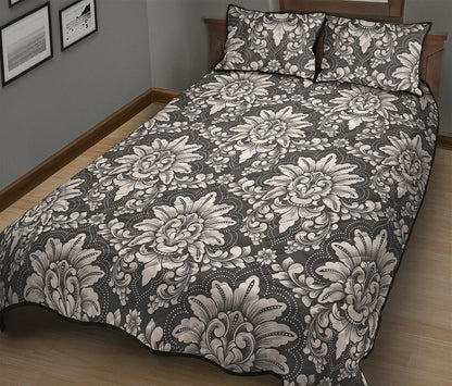 Grey Damask Pattern Print Quilt Bed Set