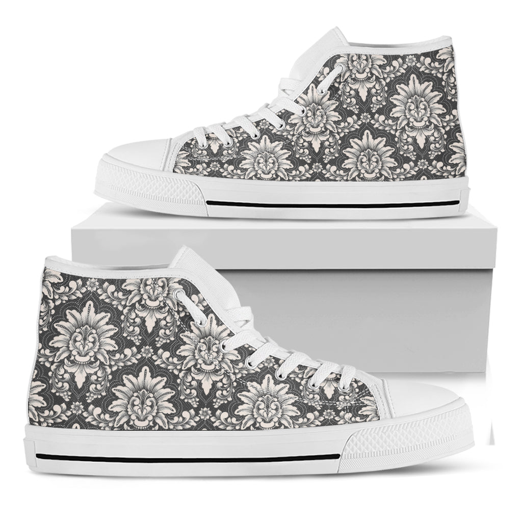 Grey Damask Pattern Print White High Top Shoes