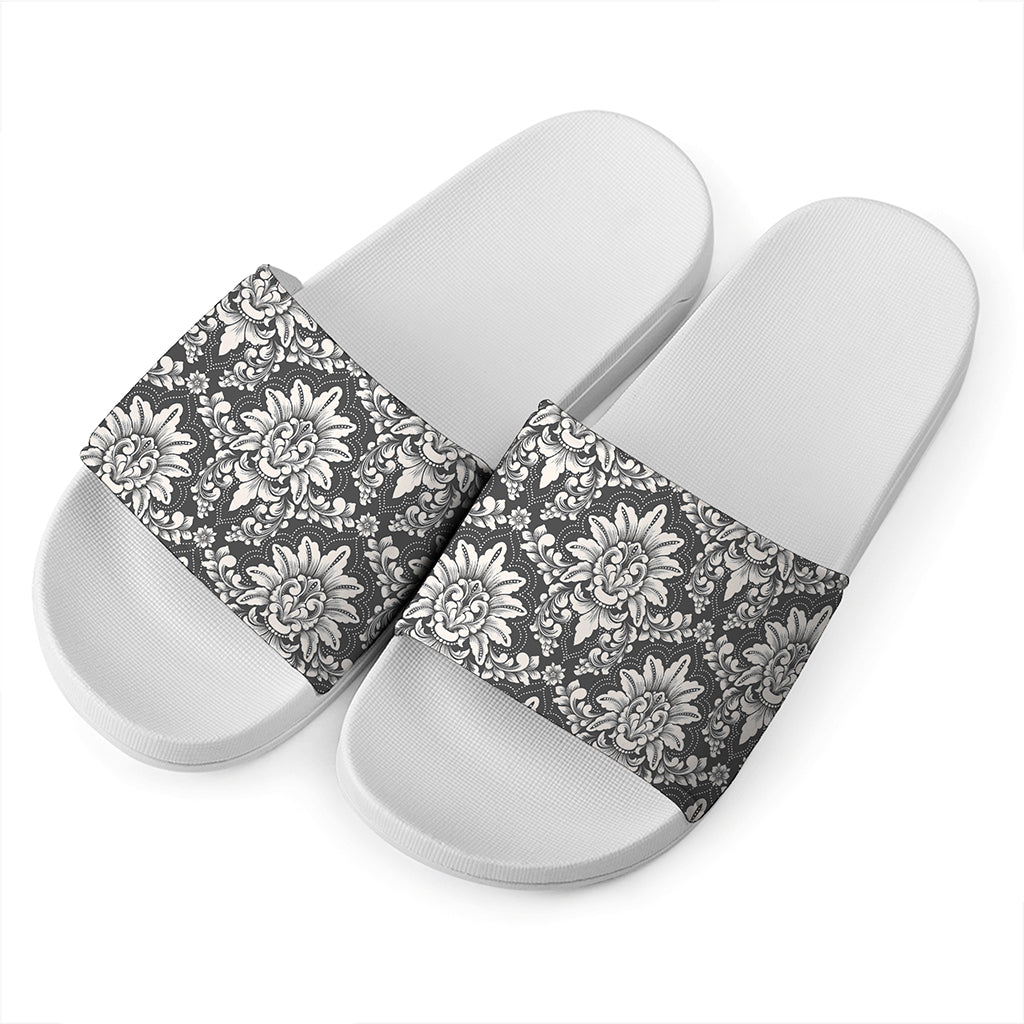 Grey Damask Pattern Print White Slide Sandals