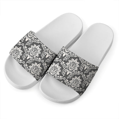 Grey Damask Pattern Print White Slide Sandals