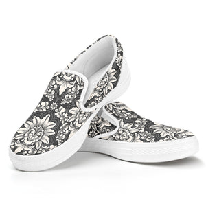 Grey Damask Pattern Print White Slip On Shoes