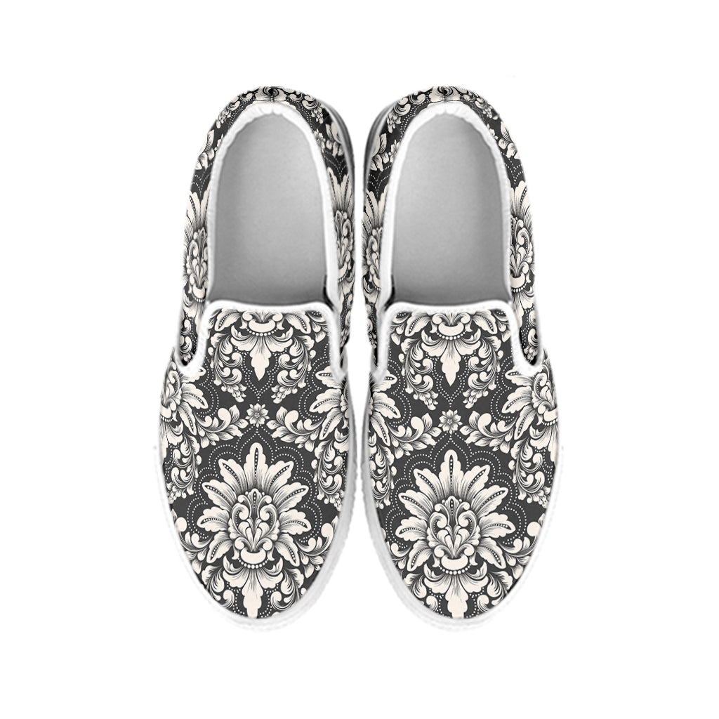 Grey Damask Pattern Print White Slip On Shoes