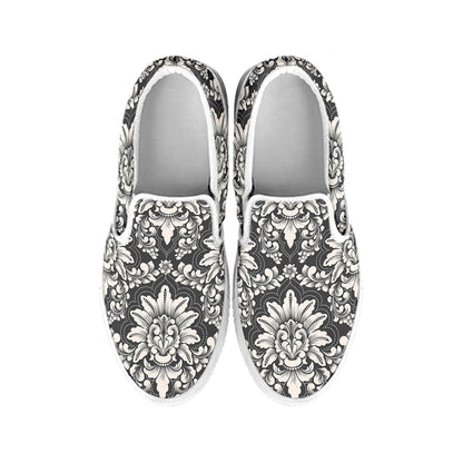 Grey Damask Pattern Print White Slip On Shoes