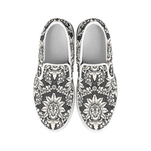 Grey Damask Pattern Print White Slip On Shoes