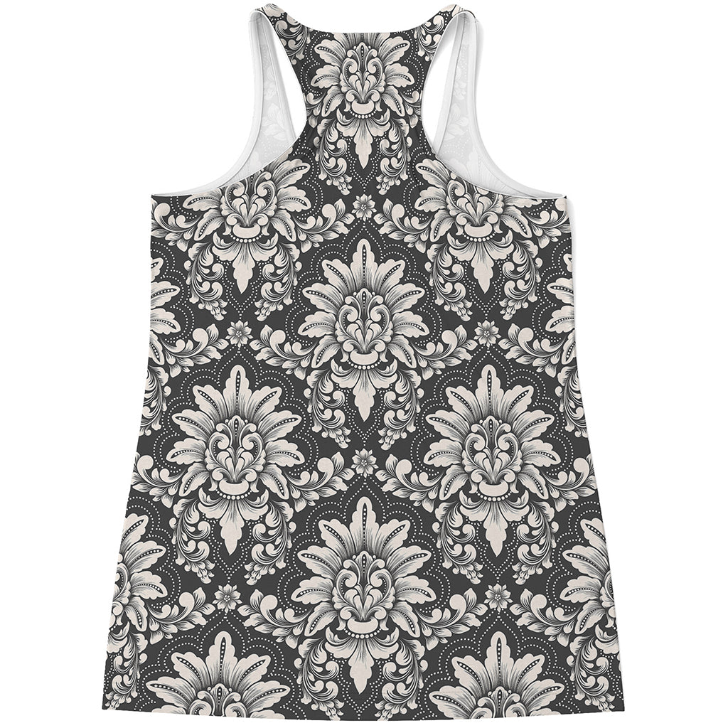 Grey Damask Pattern Print Women's Racerback Tank Top