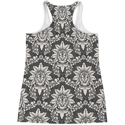 Grey Damask Pattern Print Women's Racerback Tank Top