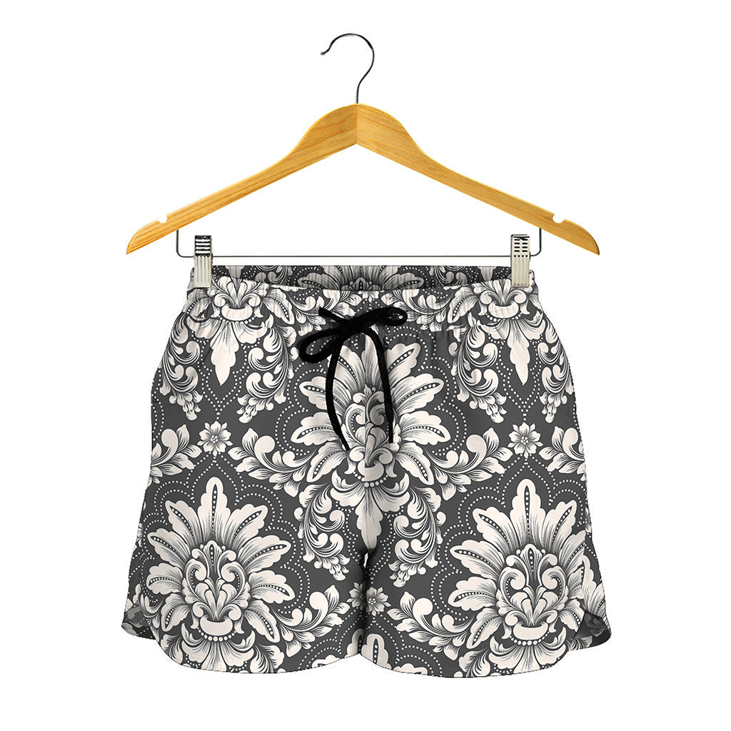 Grey Damask Pattern Print Women's Shorts