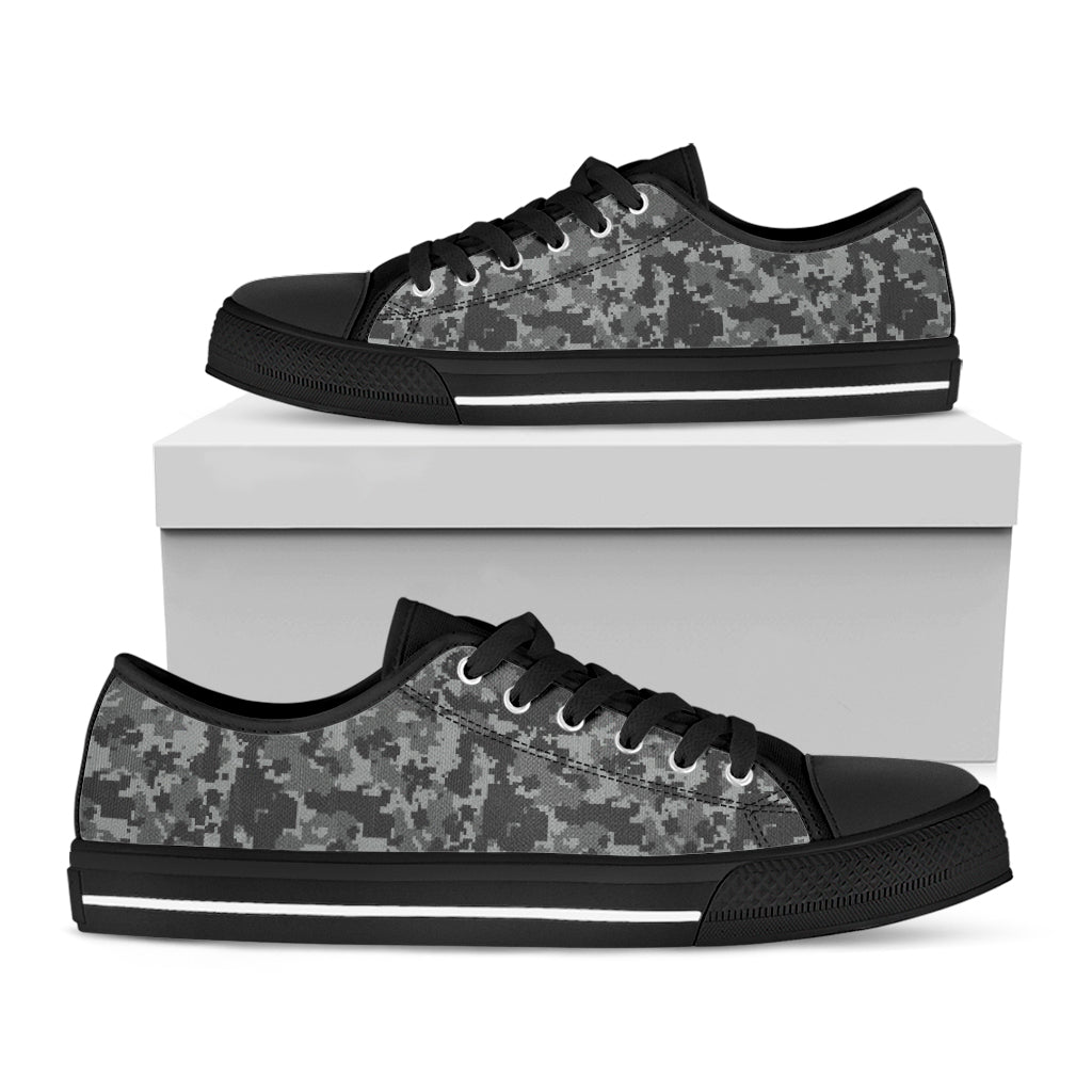 Grey Digital Camo Pattern Print Black Low Top Shoes