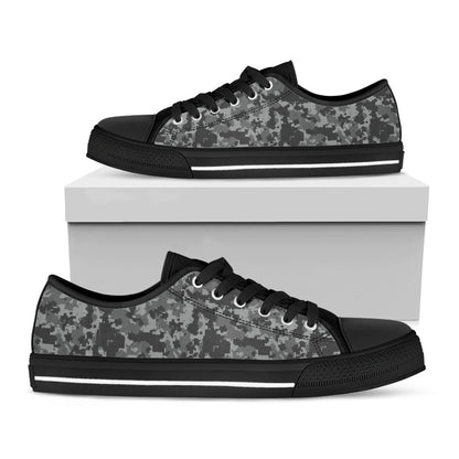 Grey Digital Camo Pattern Print Black Low Top Shoes