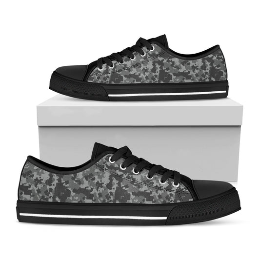 Grey Digital Camo Pattern Print Black Low Top Shoes