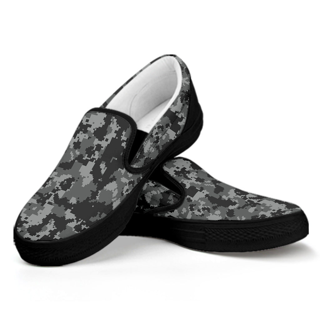 Grey Digital Camo Pattern Print Black Slip On Shoes