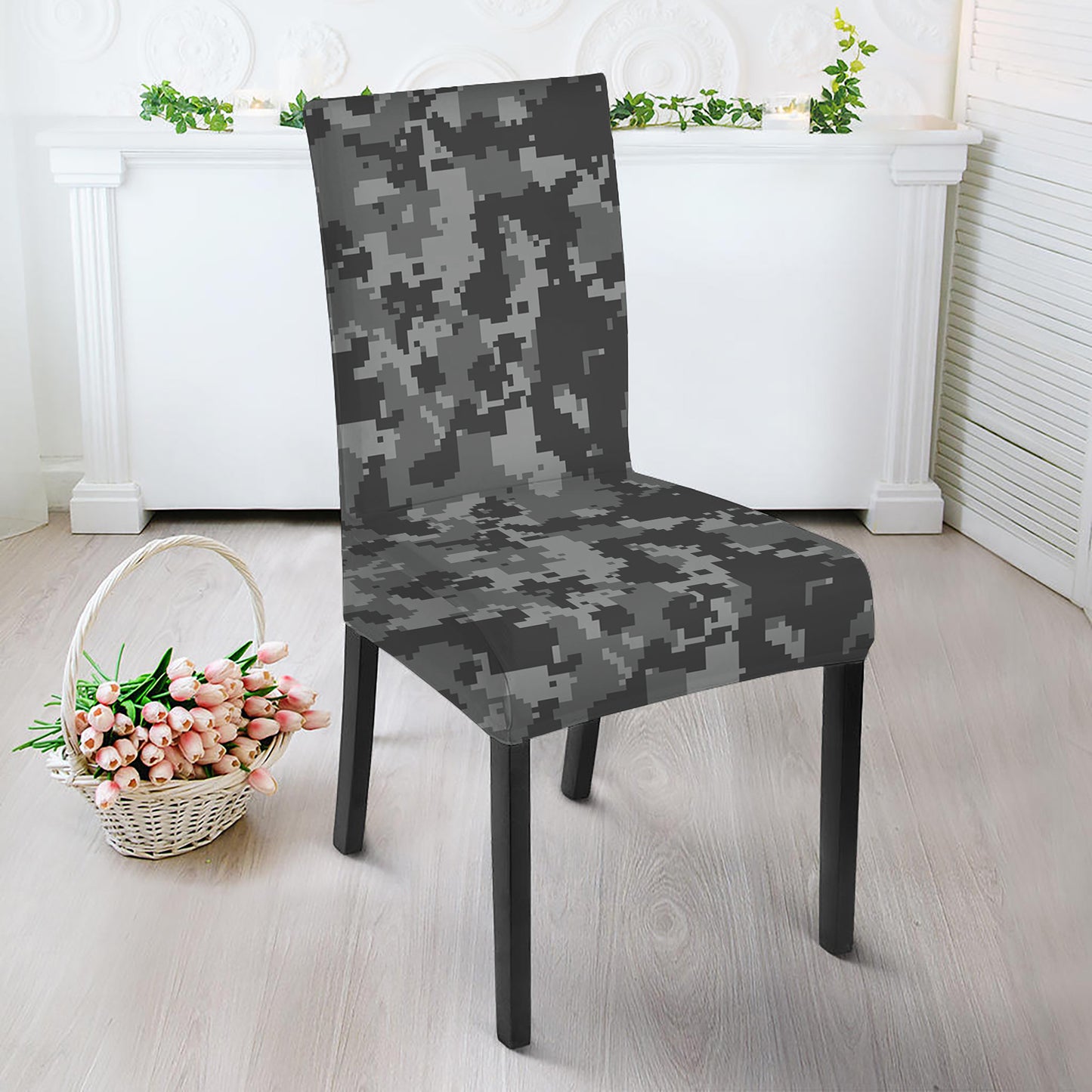 Grey Digital Camo Pattern Print Dining Chair Slipcover
