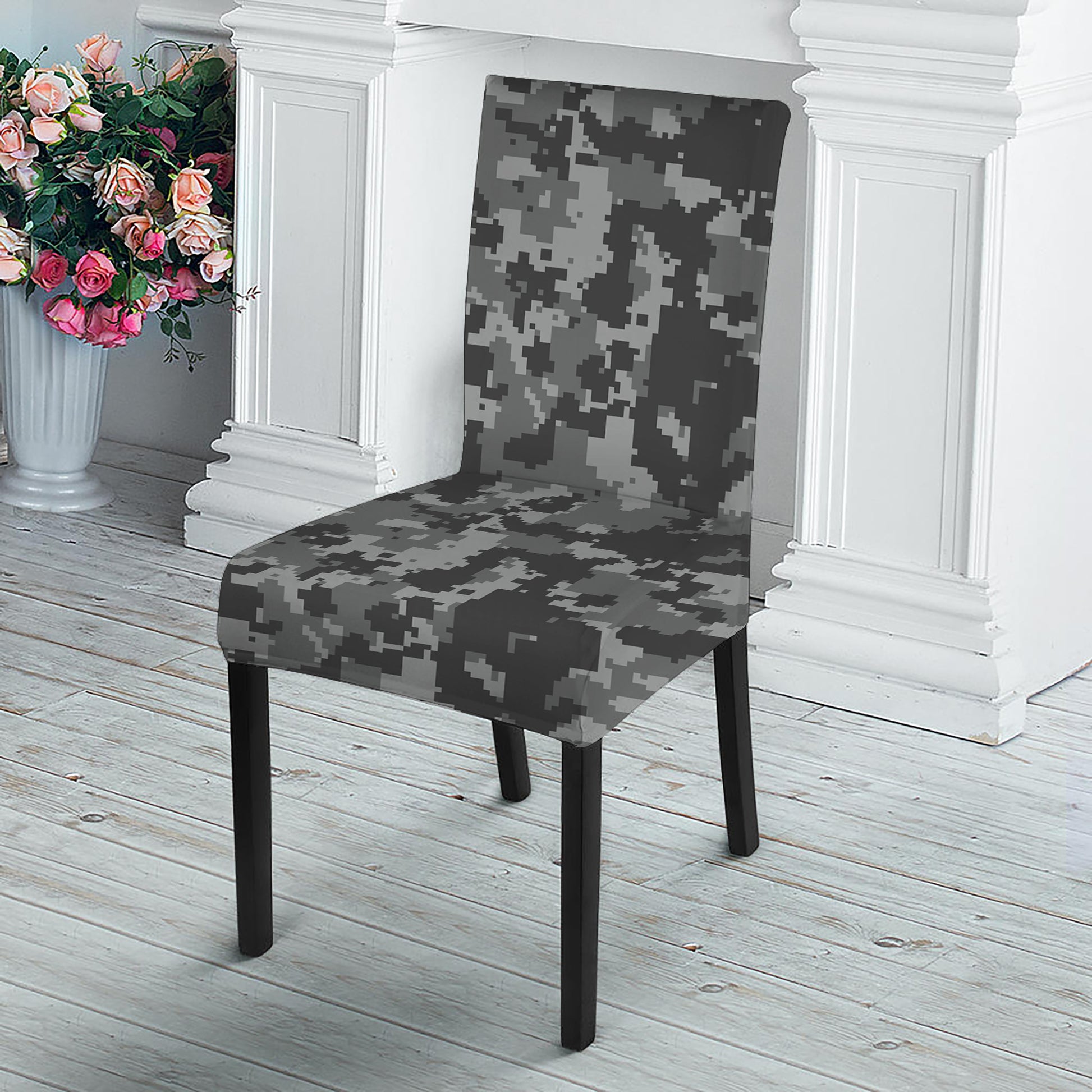 Grey Digital Camo Pattern Print Dining Chair Slipcover