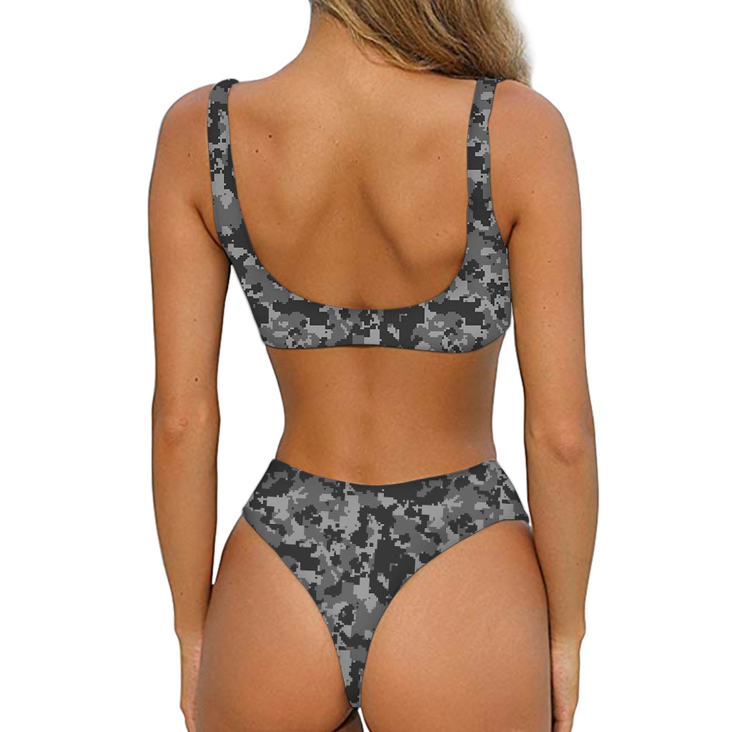 Grey Digital Camo Pattern Print Front Bow Tie Bikini