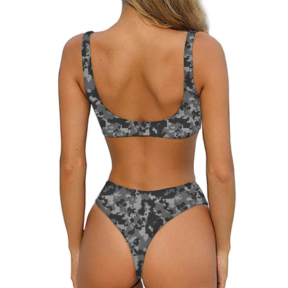 Grey Digital Camo Pattern Print Front Bow Tie Bikini