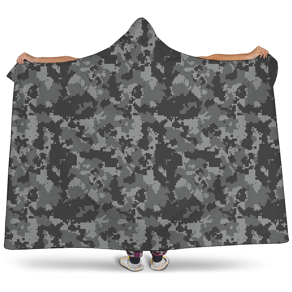 Grey Digital Camo Pattern Print Hooded Blanket