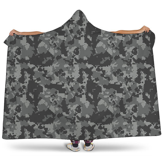 Grey Digital Camo Pattern Print Hooded Blanket