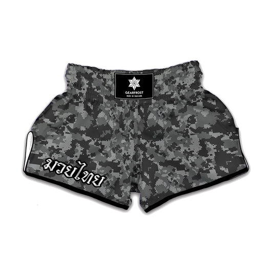 Grey Digital Camo Pattern Print Muay Thai Boxing Shorts