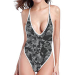 Grey Digital Camo Pattern Print One Piece High Cut Swimsuit