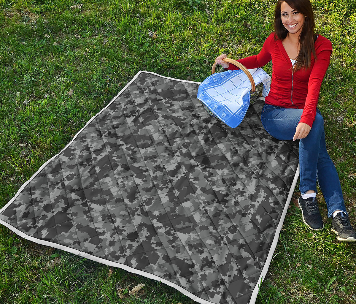 Grey Digital Camo Pattern Print Quilt
