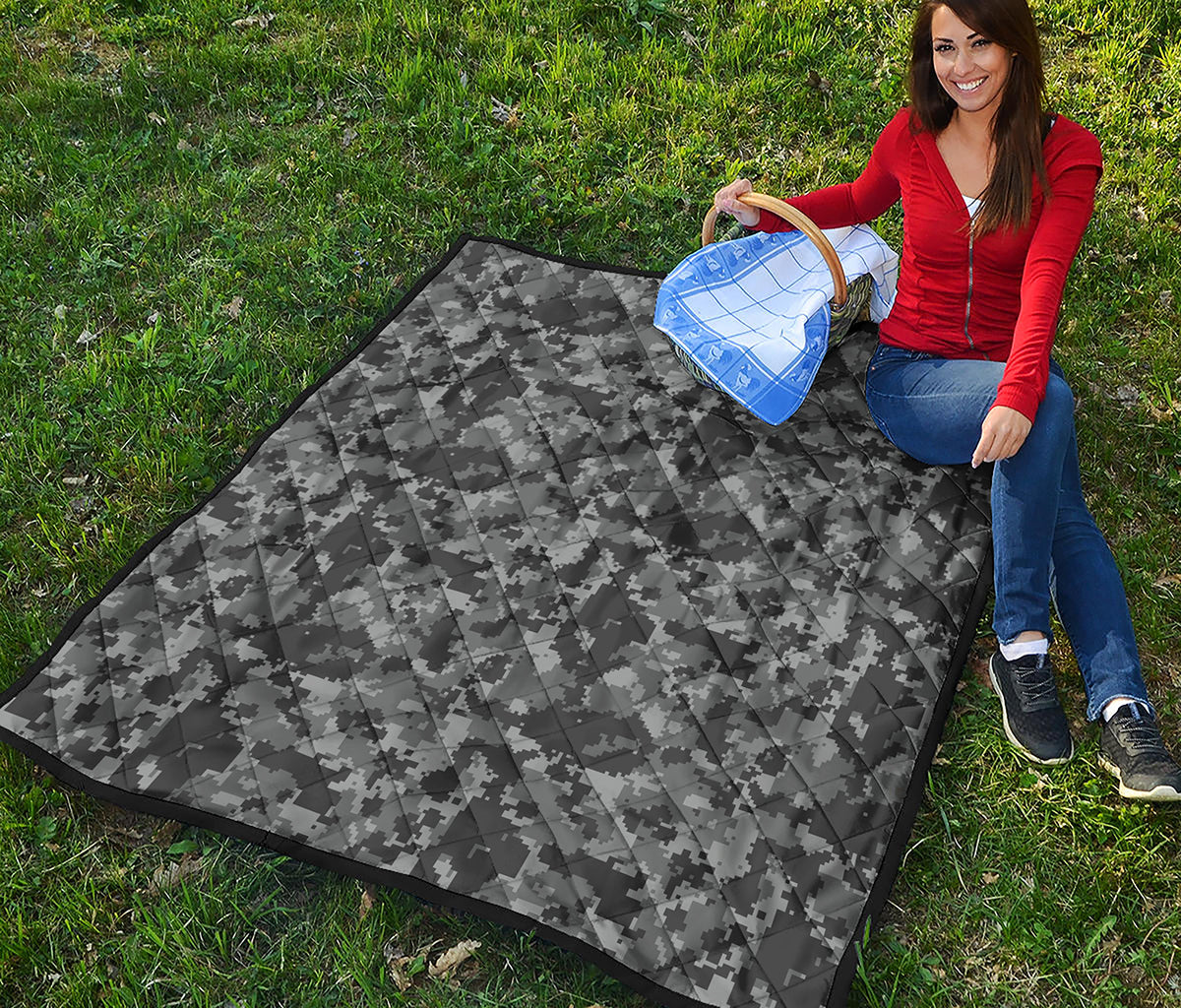 Grey Digital Camo Pattern Print Quilt