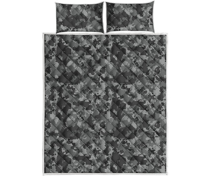 Grey Digital Camo Pattern Print Quilt Bed Set