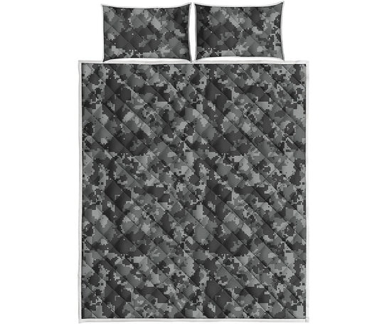 Grey Digital Camo Pattern Print Quilt Bed Set