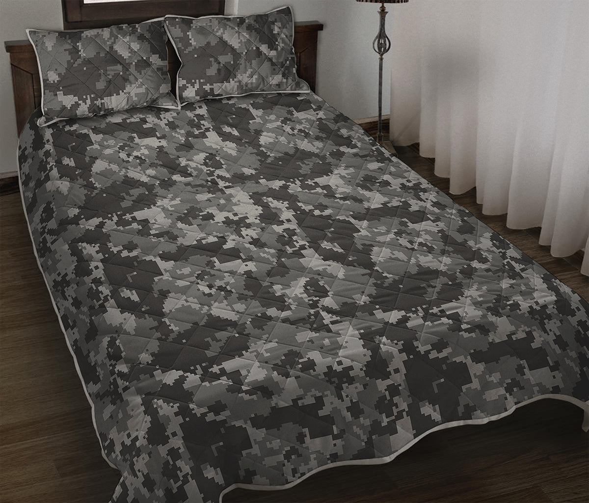 Grey Digital Camo Pattern Print Quilt Bed Set