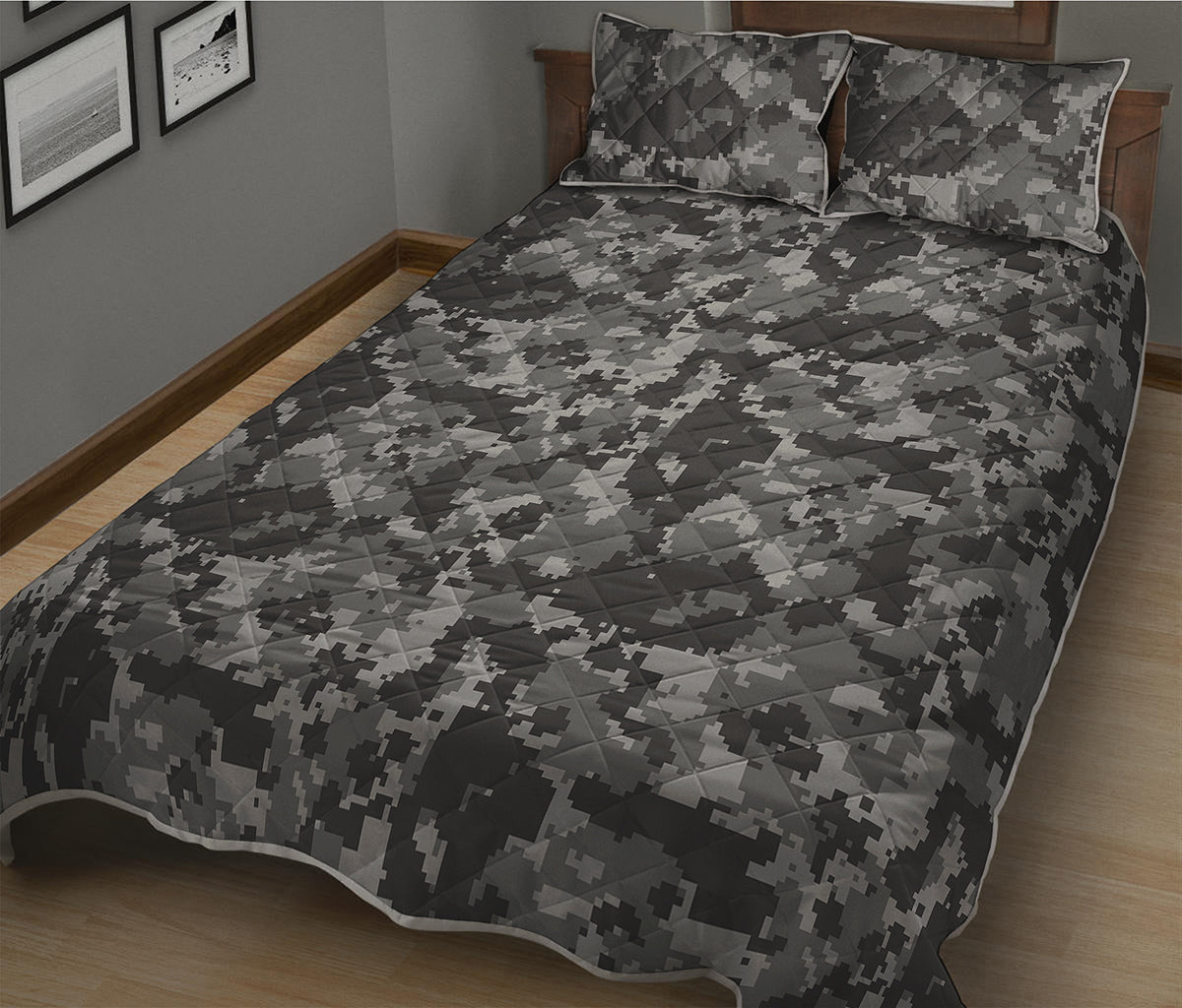 Grey Digital Camo Pattern Print Quilt Bed Set