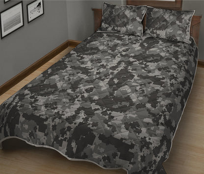 Grey Digital Camo Pattern Print Quilt Bed Set