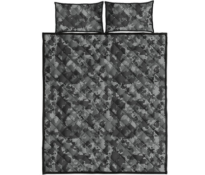 Grey Digital Camo Pattern Print Quilt Bed Set