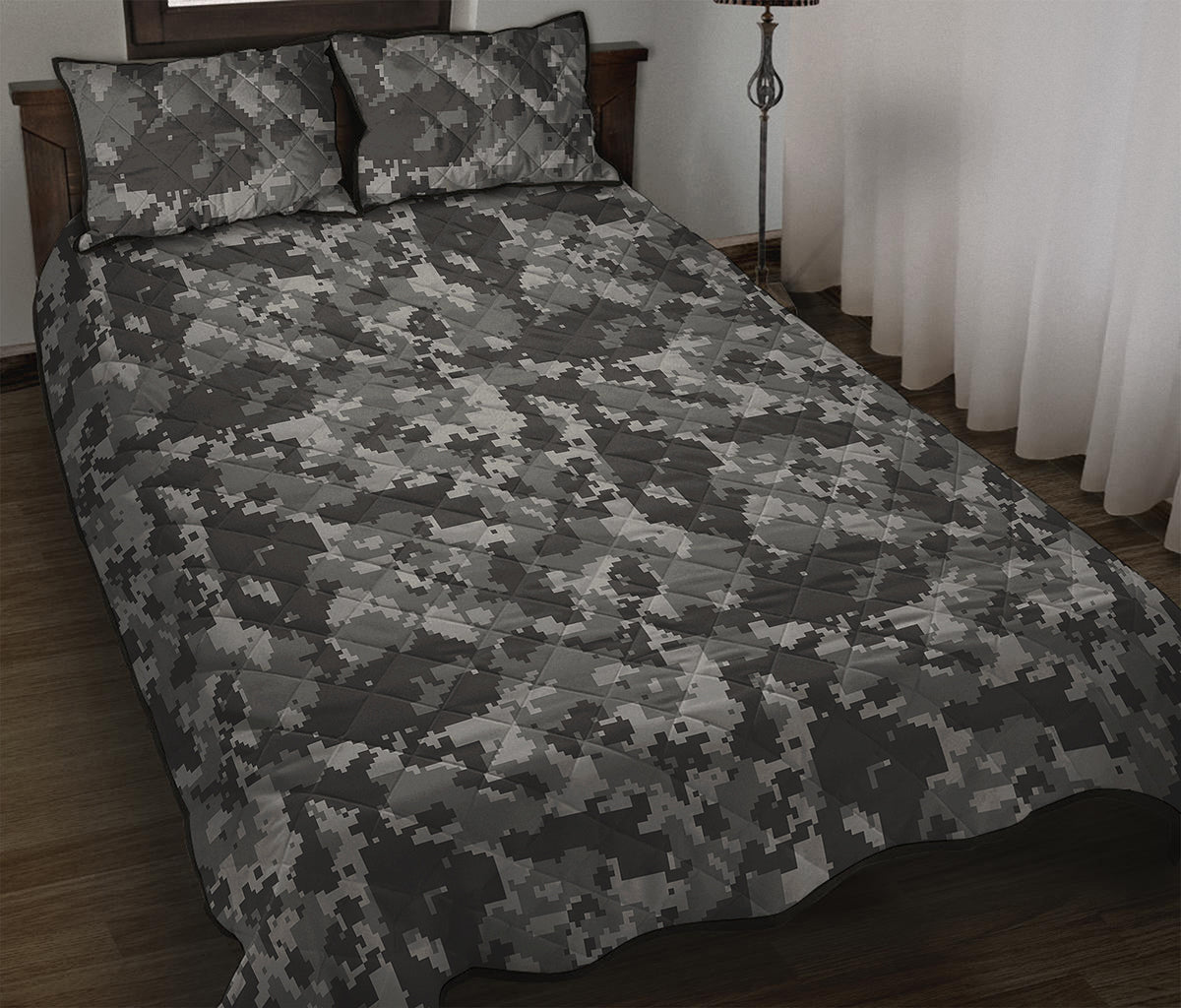 Grey Digital Camo Pattern Print Quilt Bed Set