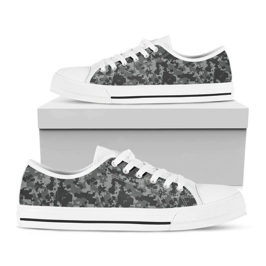Grey Digital Camo Pattern Print White Low Top Shoes