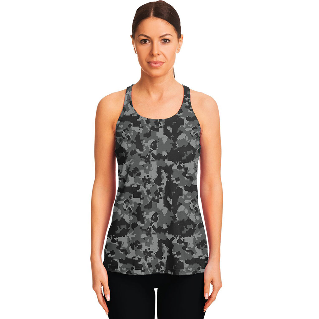 Grey Digital Camo Pattern Print Women's Racerback Tank Top