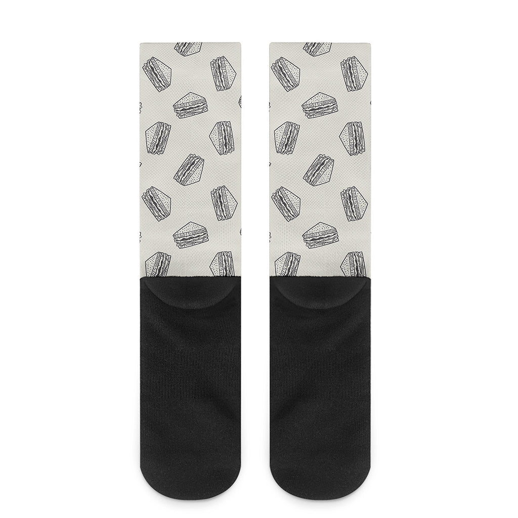 Grey Doodle Sandwich Pattern Print Crew Socks