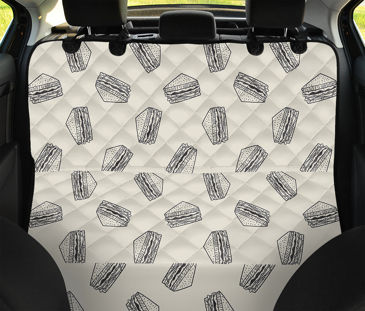 Grey Doodle Sandwich Pattern Print Pet Car Back Seat Cover