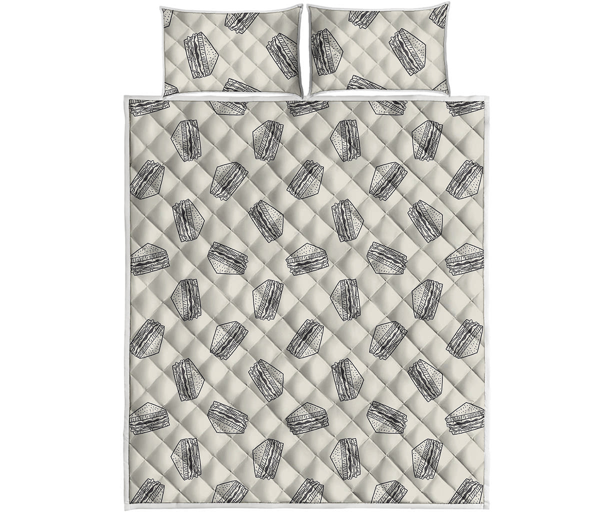 Grey Doodle Sandwich Pattern Print Quilt Bed Set